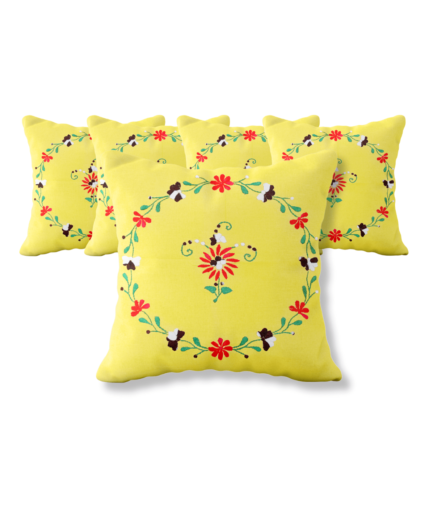 5 Piece Hand Embroidered Yellow Cushion Cover Set