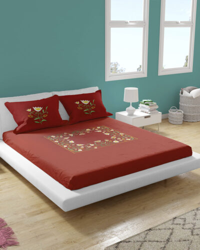 Premium Floral Embroidered Bedsheet Set – Maroon