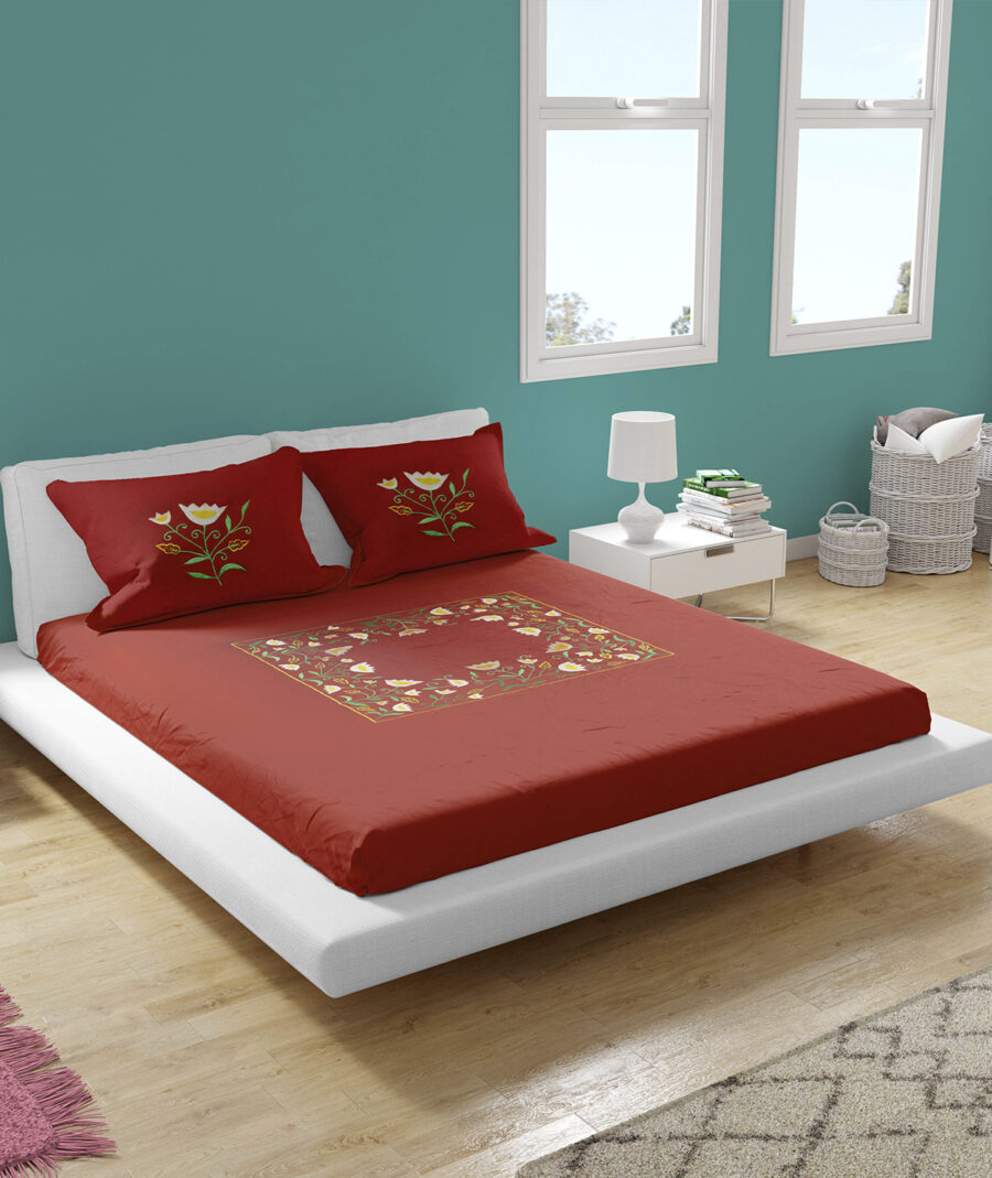 Premium Floral Embroidered Bedsheet Set – Maroon