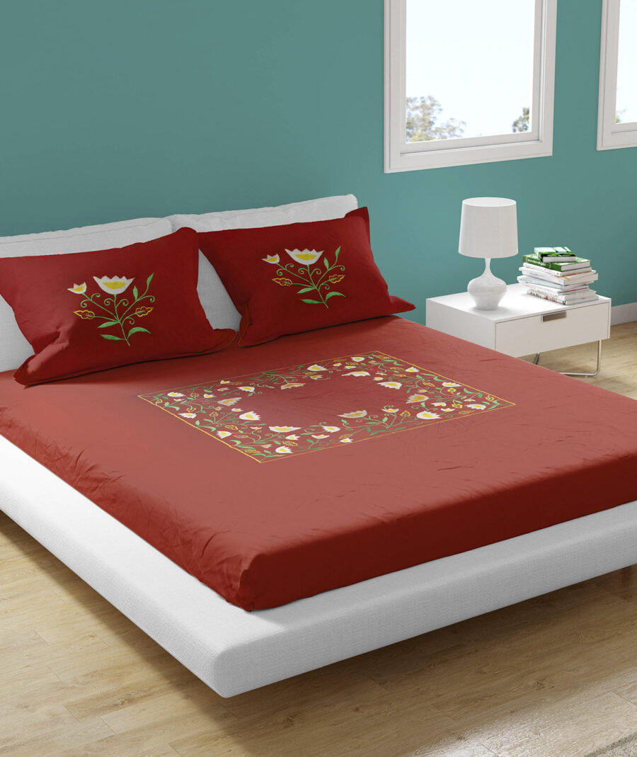 Premium Floral Embroidered Bedsheet Set – Maroon - Image 2