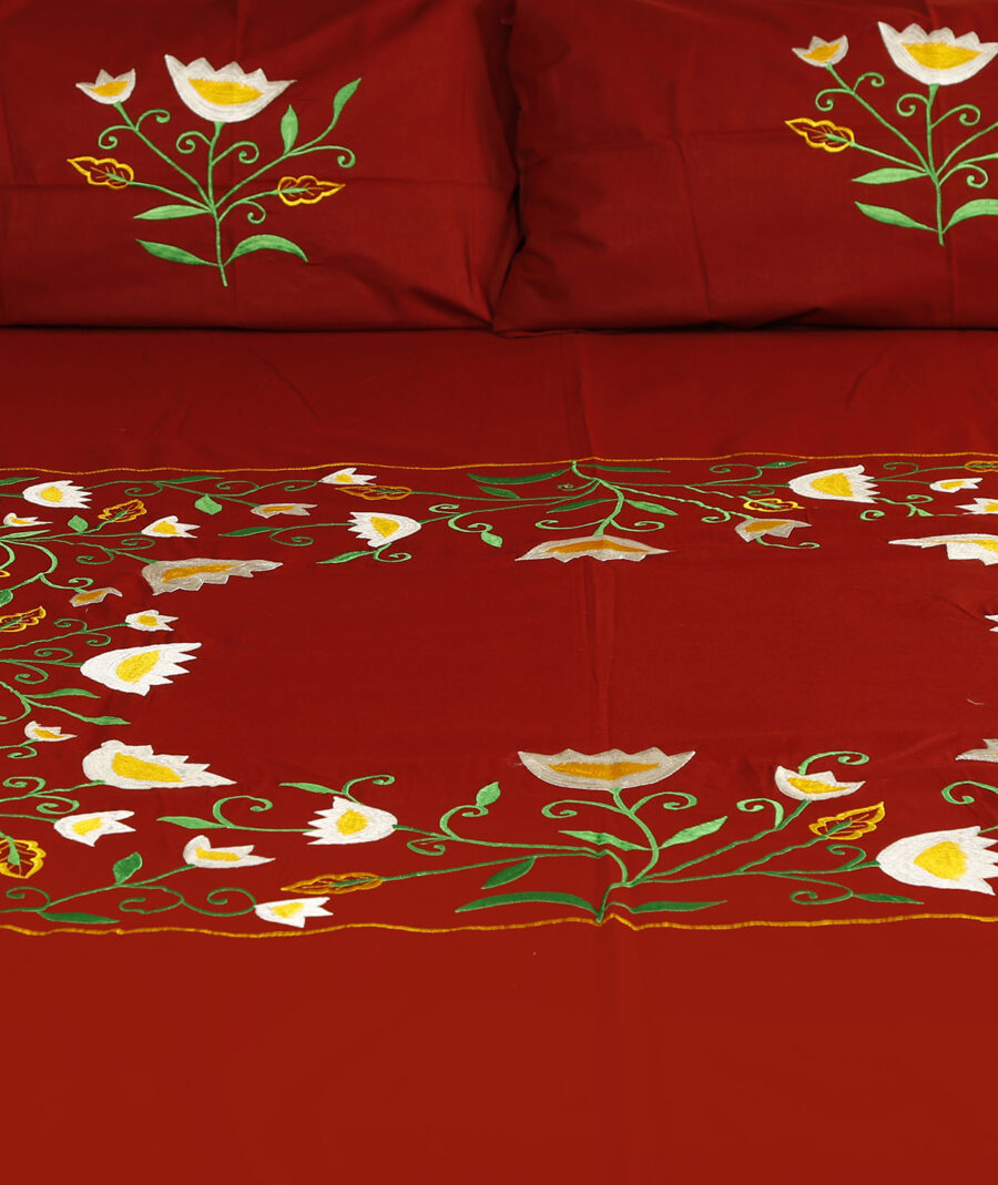 Premium Floral Embroidered Bedsheet Set – Maroon - Image 3
