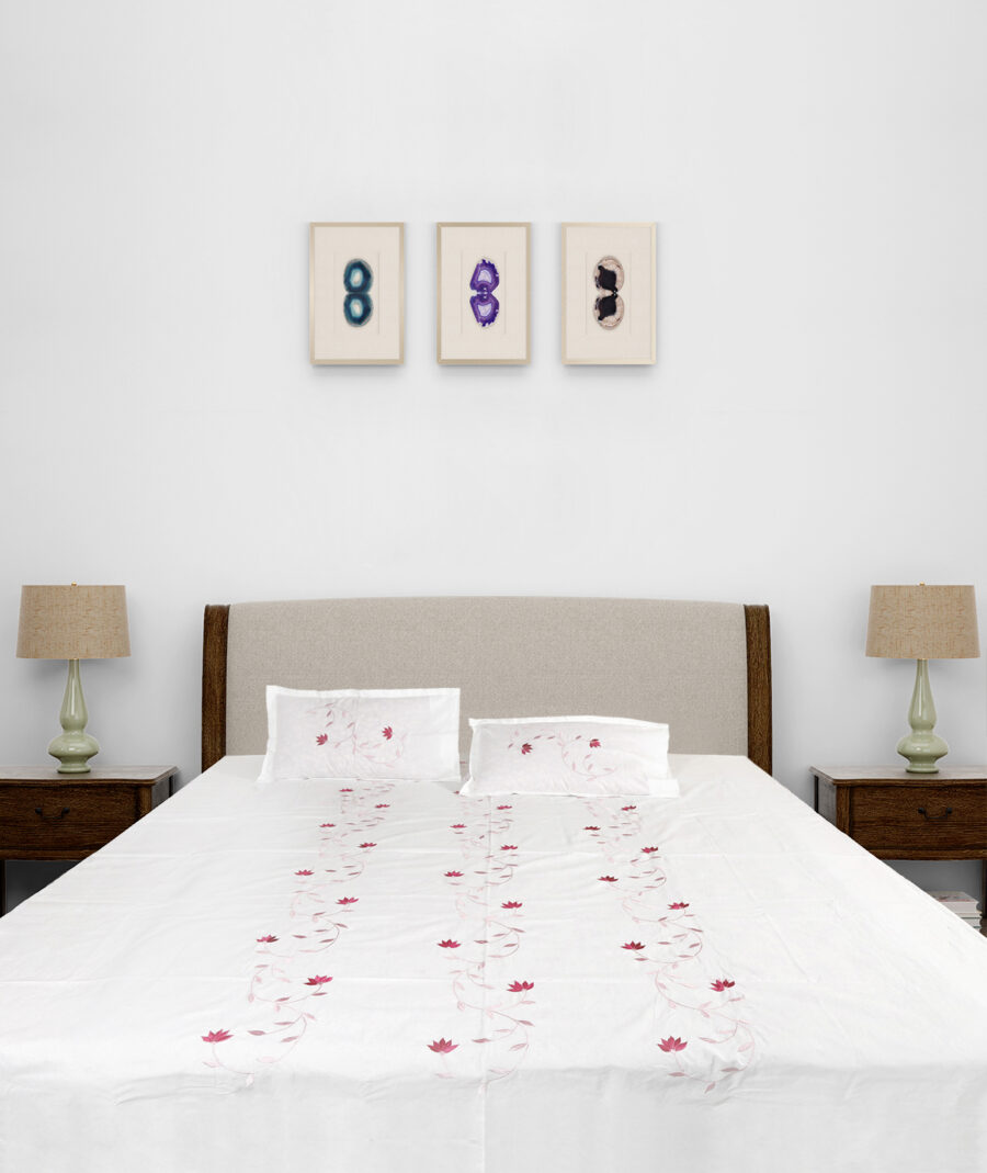 Premium Floral Embroidered Bedsheet Set – White Elegance
