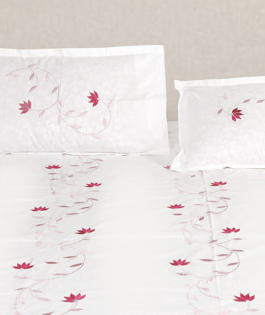 Premium Floral Embroidered Bedsheet Set – White Elegance - Image 3
