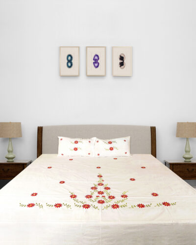 Premium Floral Embroidered Bedsheet Set – White & Red