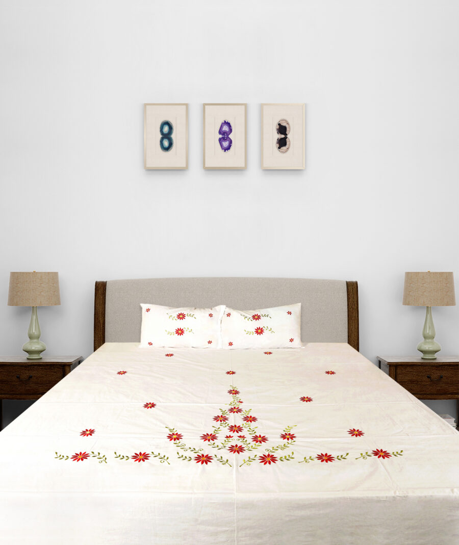 Premium Floral Embroidered Bedsheet Set – White & Red