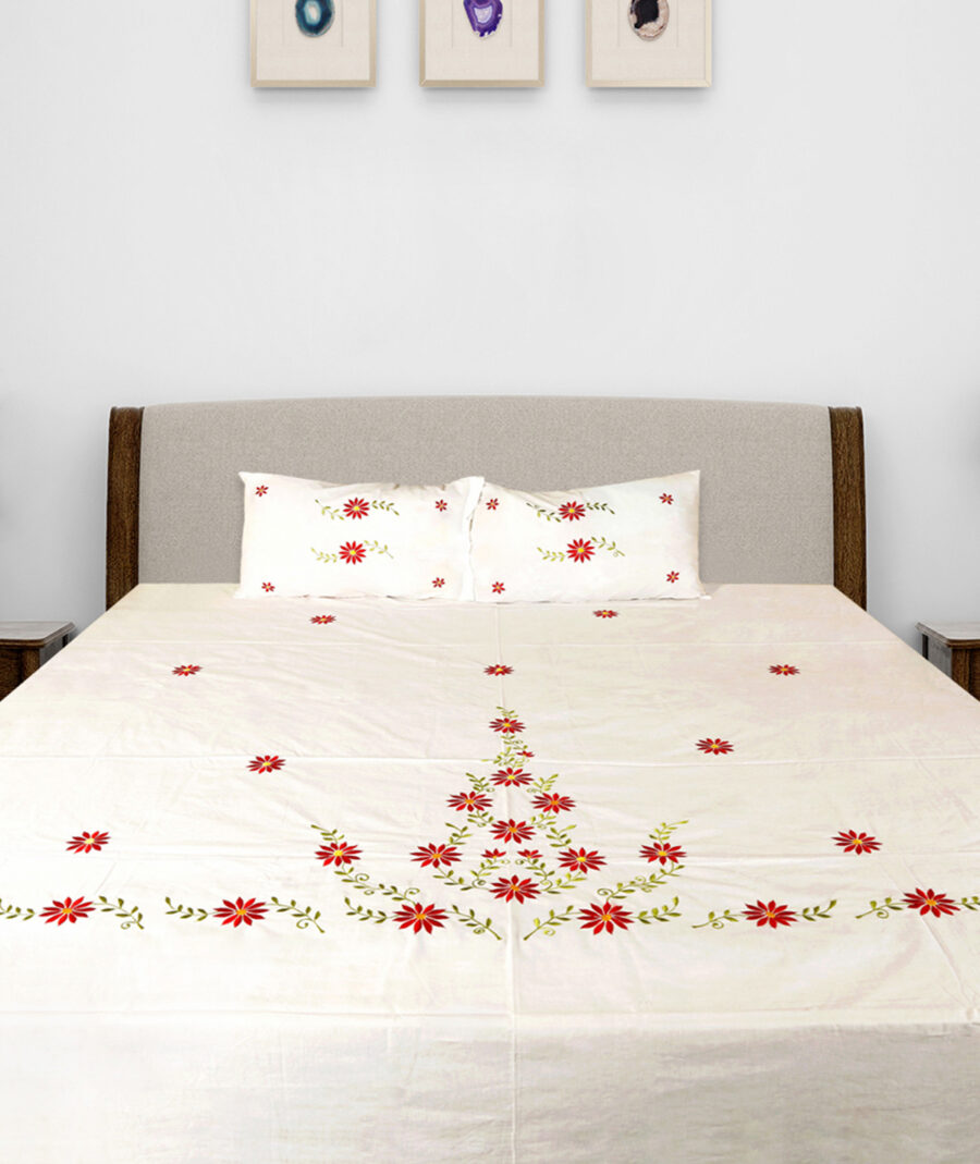 Premium Floral Embroidered Bedsheet Set – White & Red - Image 4
