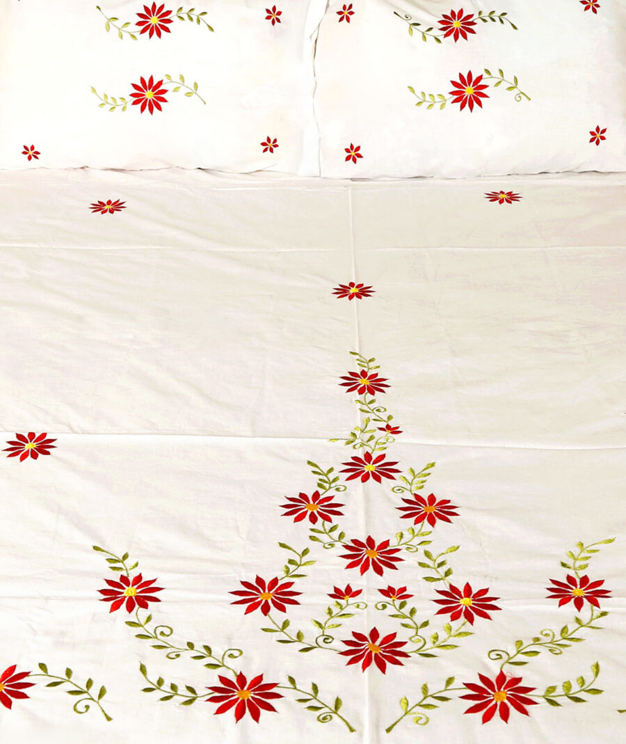 Premium Floral Embroidered Bedsheet Set – White & Red - Image 3