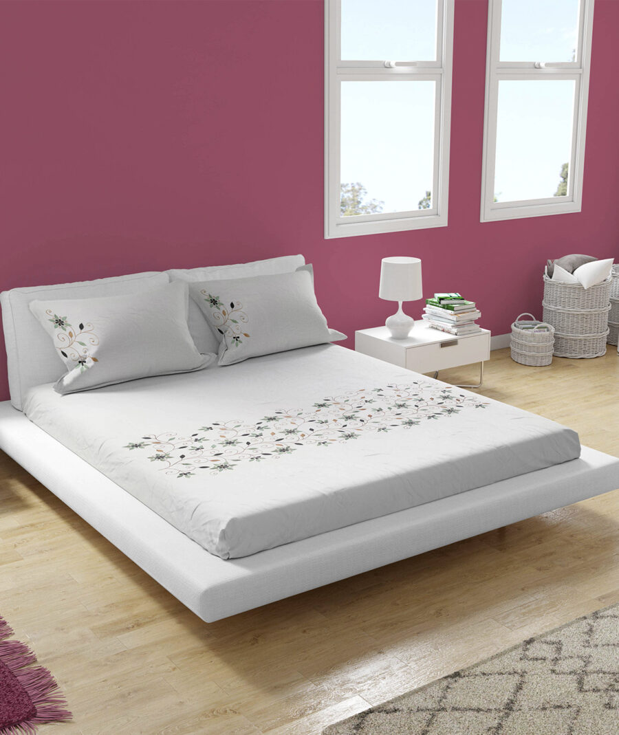 Premium Floral Embroidered Bedsheet Set – Classic White