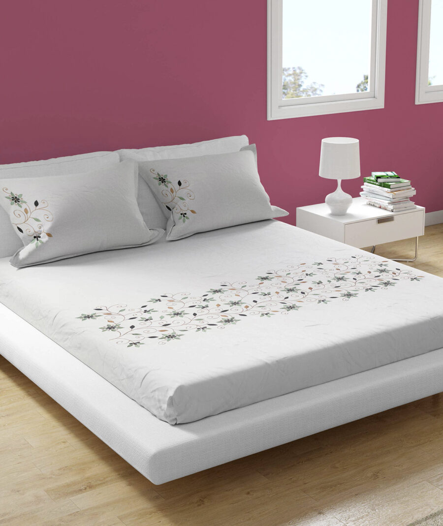 Premium Floral Embroidered Bedsheet Set – Classic White - Image 2