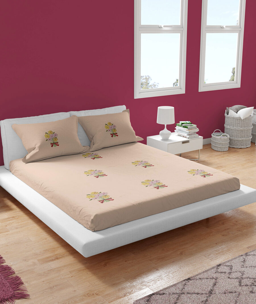 Premium Floral Embroidered Bedsheet Set – Graceful Peach