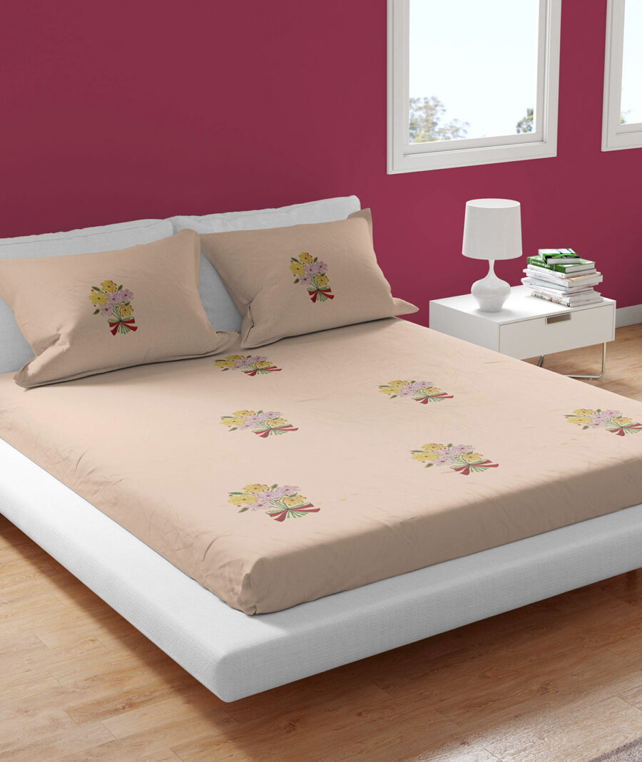Premium Floral Embroidered Bedsheet Set – Graceful Peach - Image 2