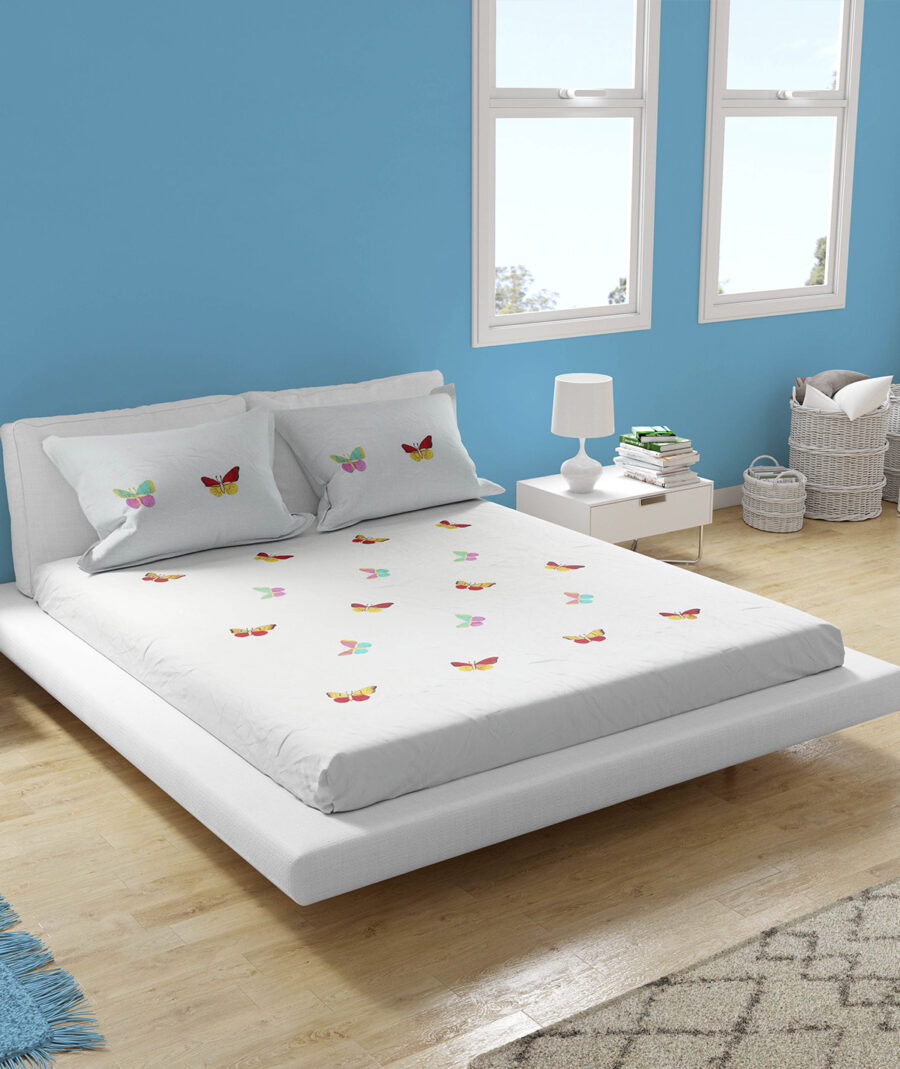 Premium Floral Embroidered Bedsheet Set – White with Butterfly Pattern