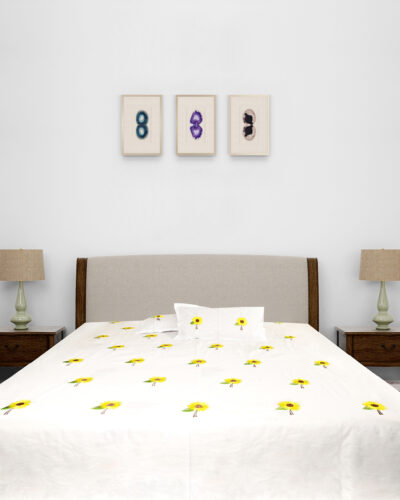 Premium Floral Embroidered Bedsheet Set – White with Sunflower Pattern