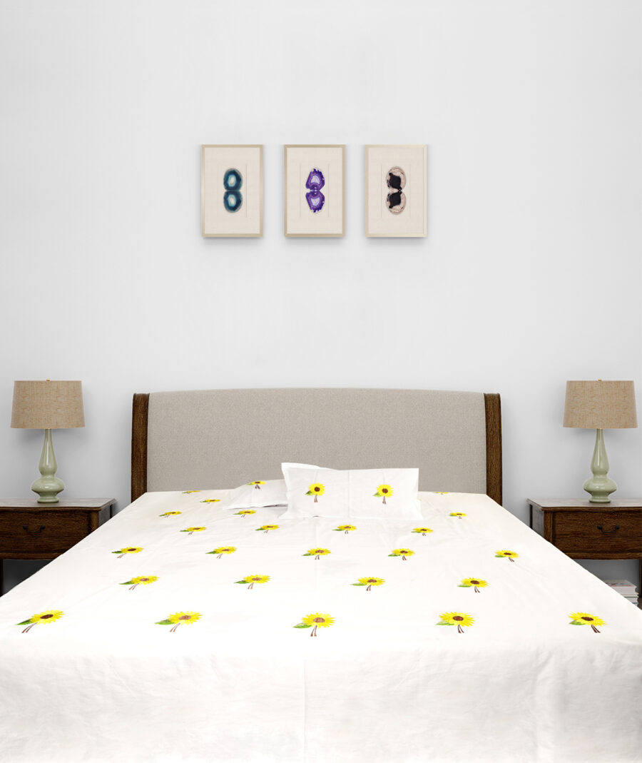 Premium Floral Embroidered Bedsheet Set – White with Sunflower Pattern