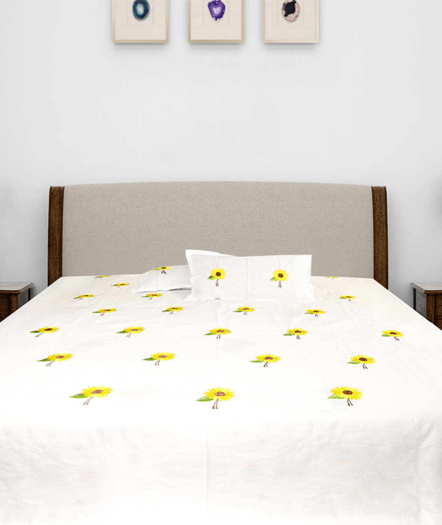Premium Floral Embroidered Bedsheet Set – White with Sunflower Pattern - Image 2