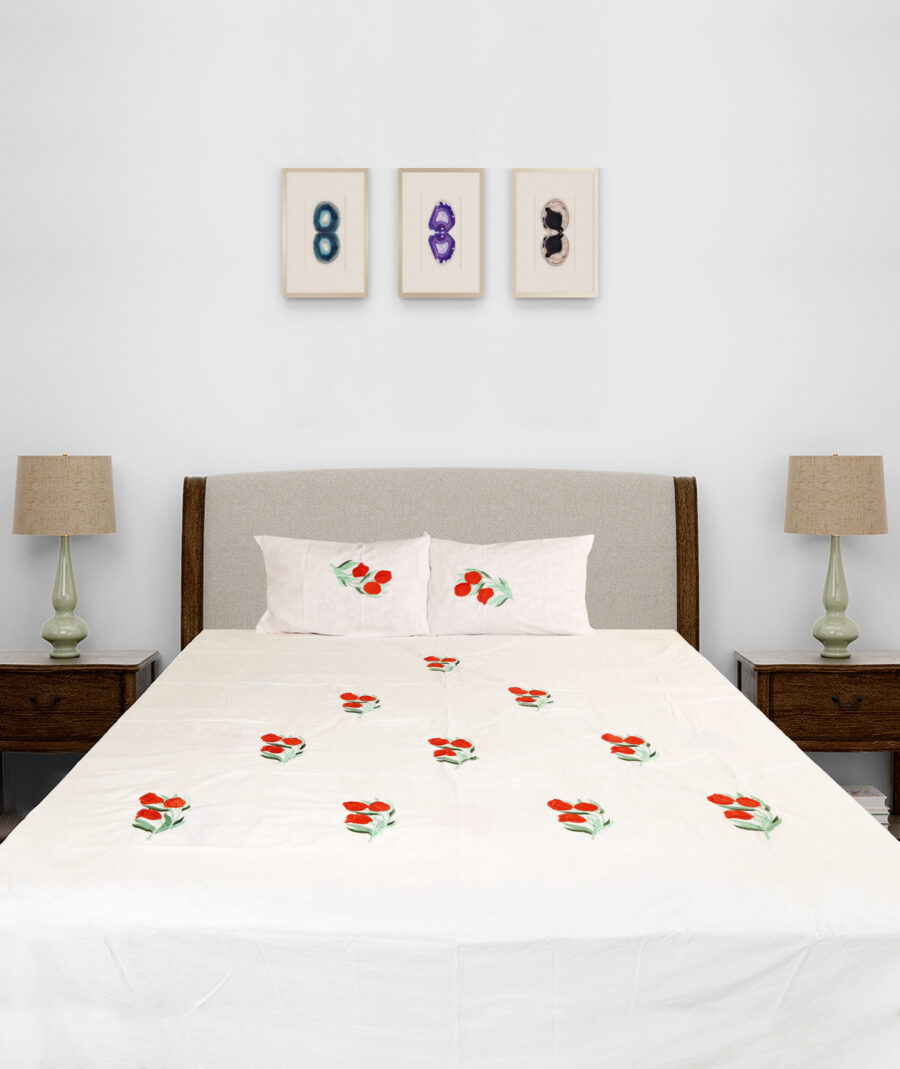Premium Floral Embroidered Bedsheet Set – Tulip Pattern