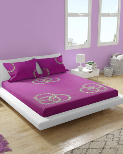Premium Floral Embroidered Bedsheet Set – Magenta with Floral Pattern