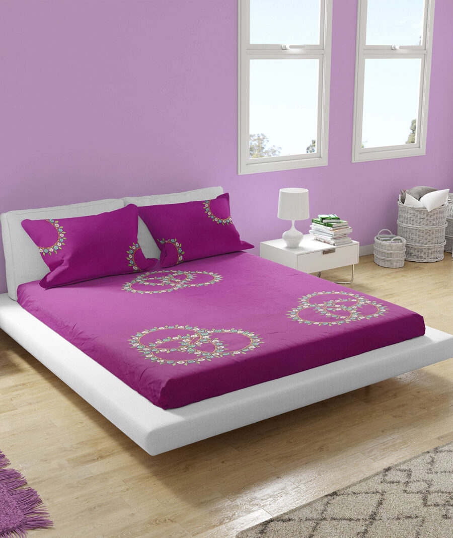 Premium Floral Embroidered Bedsheet Set – Magenta with Floral Pattern