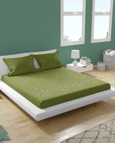 Premium Floral Embroidered Bedsheet Set – Olive with Floral Pattern
