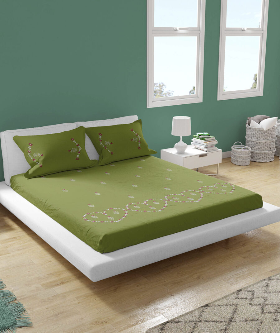 Premium Floral Embroidered Bedsheet Set – Olive with Floral Pattern