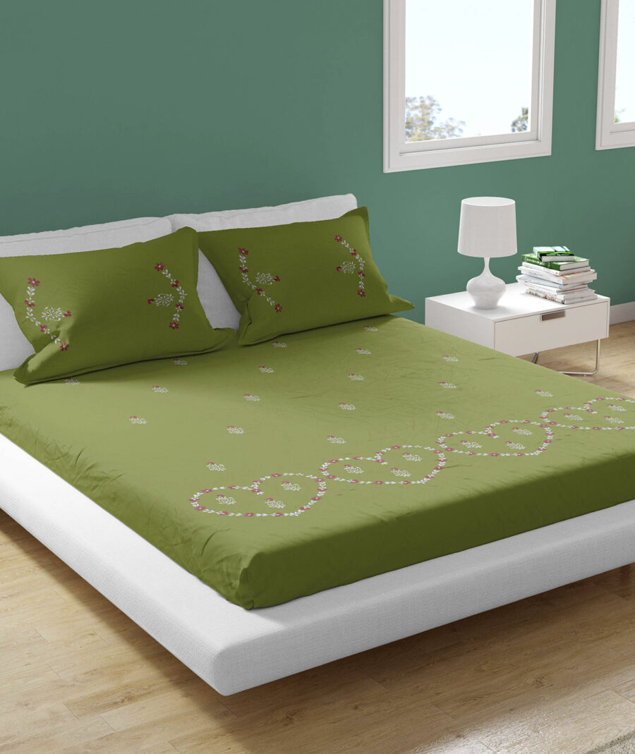 Premium Floral Embroidered Bedsheet Set – Olive with Floral Pattern - Image 2