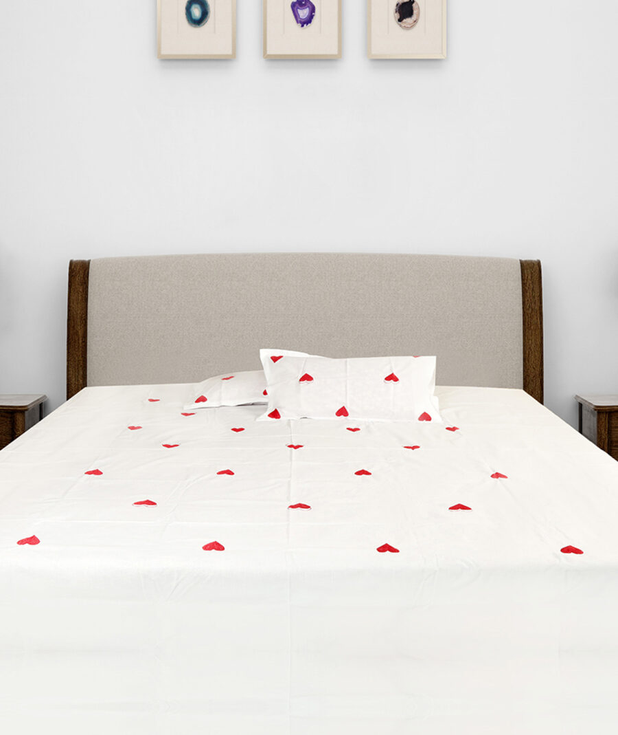 Romantic Red Heart Embroidered Cotton Bedsheet Set – Heart - Image 2