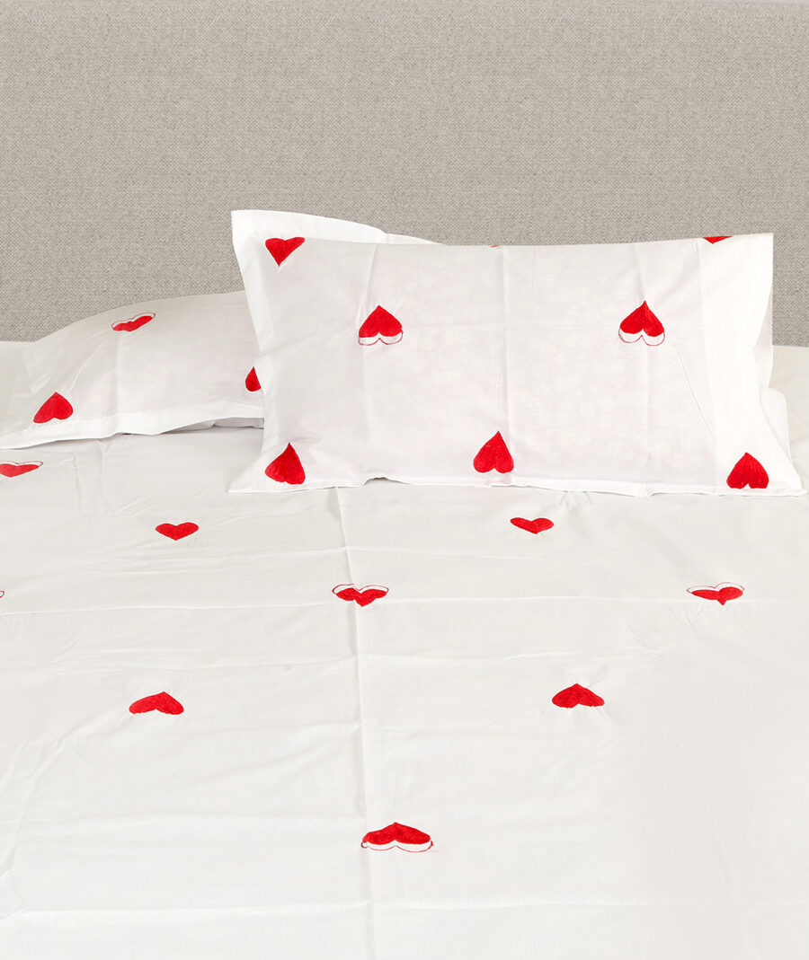 Romantic Red Heart Embroidered Cotton Bedsheet Set – Heart - Image 3