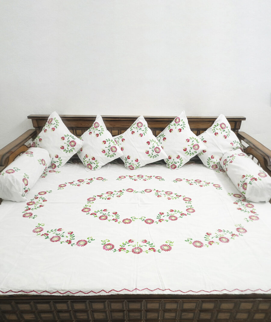 Tutli Putli Floral Handcrafted Designer White Diwan Set – Diwan Sheet, Cushions, and Bolster for Elegant Home Déco - Image 2