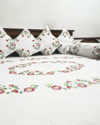 Tutli Putli Floral Handcrafted Designer White Diwan Set – Diwan Sheet, Cushions, and Bolster for Elegant Home Déco