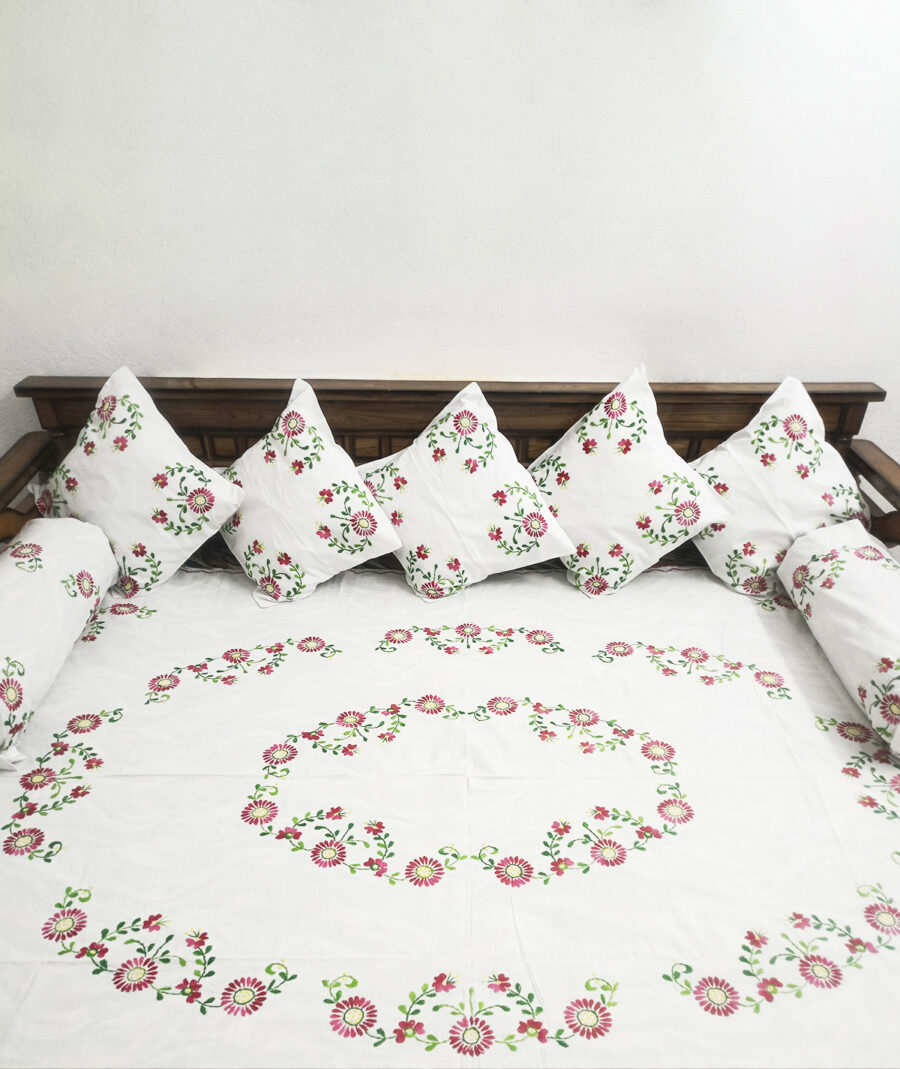 Tutli Putli Floral Handcrafted Designer White Diwan Set – Diwan Sheet, Cushions, and Bolster for Elegant Home Déco - Image 3