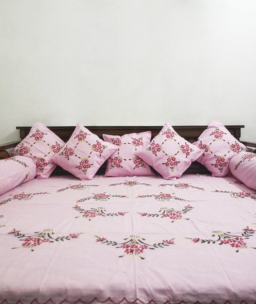 Tutli Putli Floral Handcrafted Designer Baby Pink Diwan Set – Elegant Home Décor for Living Room - Image 2