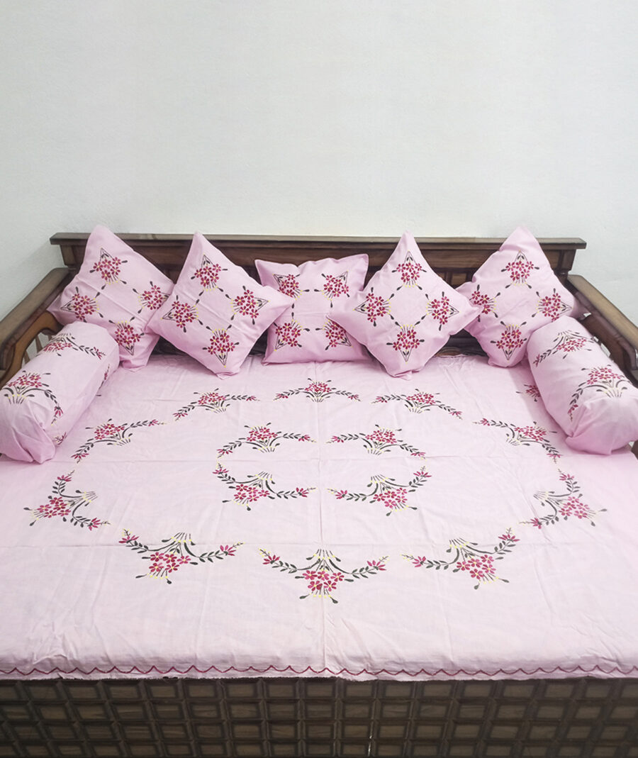 Tutli Putli Floral Handcrafted Designer Baby Pink Diwan Set – Elegant Home Décor for Living Room