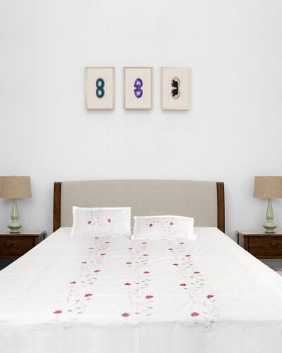 White King Size Bedsheet Set with Pink Lotus Embroidery and 2 Pillow Covers