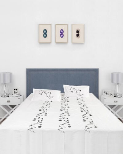 White King Size Bedsheet Set with Black Floral Embroidery and 2 Pillow Covers