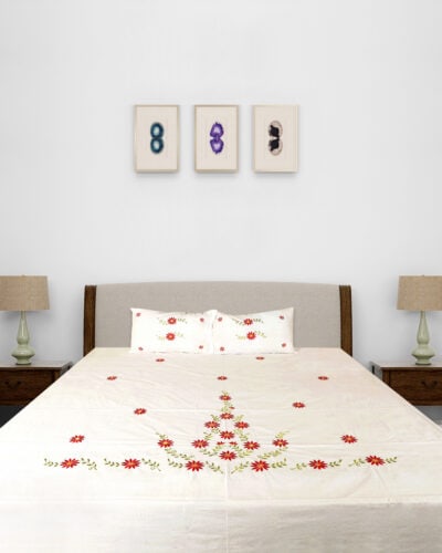 Cotton White King Size Bedsheet Set with Red Floral Embroidery and 2 Pillow Covers