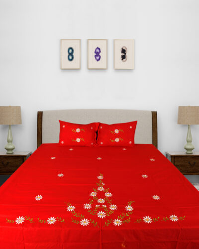 Cotton Red King Size Bedsheet Set with White Floral Embroidery and 2 Pillow Covers