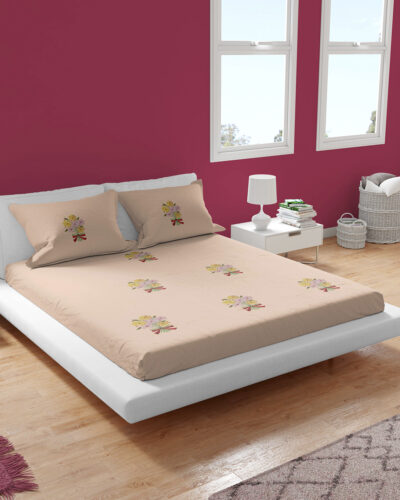 Cotton Beige King Size Bedsheet Set with Multicolor Floral Bouquet Embroidery and 2 Pillow Covers