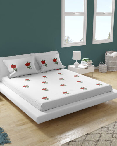 Cotton White King Size Bedsheet Set with Red Rose Embroidery and 2 Pillow Covers