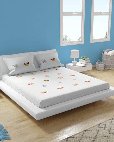 Cotton White King Size Bedsheet Set with Multicolor Butterfly Embroidery and 2 Pillow Covers