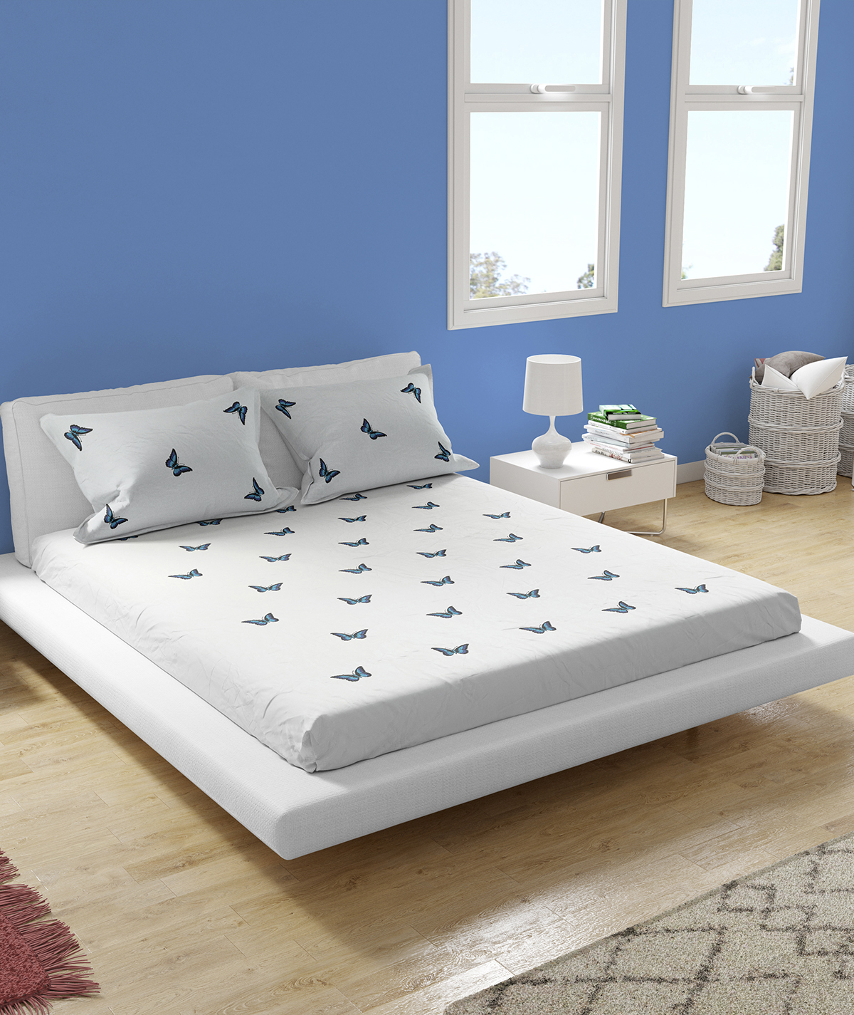 Cotton White King Size Bedsheet Set with Blue Butterfly Embroidery and 2 Pillow Covers