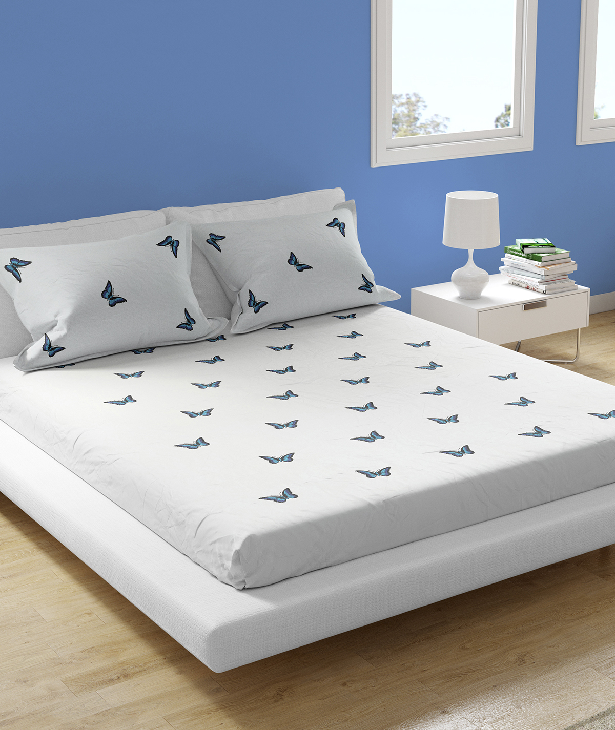 Cotton White King Size Bedsheet Set with Blue Butterfly Embroidery and 2 Pillow Covers - Image 2