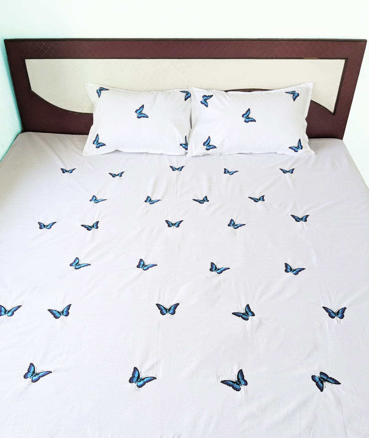 Cotton White King Size Bedsheet Set with Blue Butterfly Embroidery and 2 Pillow Covers - Image 3