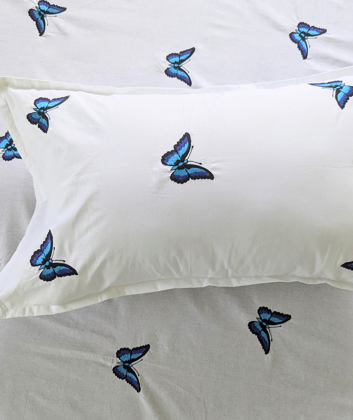 Cotton White King Size Bedsheet Set with Blue Butterfly Embroidery and 2 Pillow Covers - Image 4