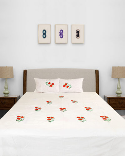 White King Size Bedsheet Set with Red Tulip Embroidery and 2 Pillow Covers