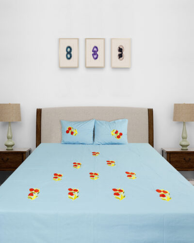 Cotton Sky Blue King Size Bedsheet Set with Red and Yellow Tulip Embroidery and 2 Pillow Covers